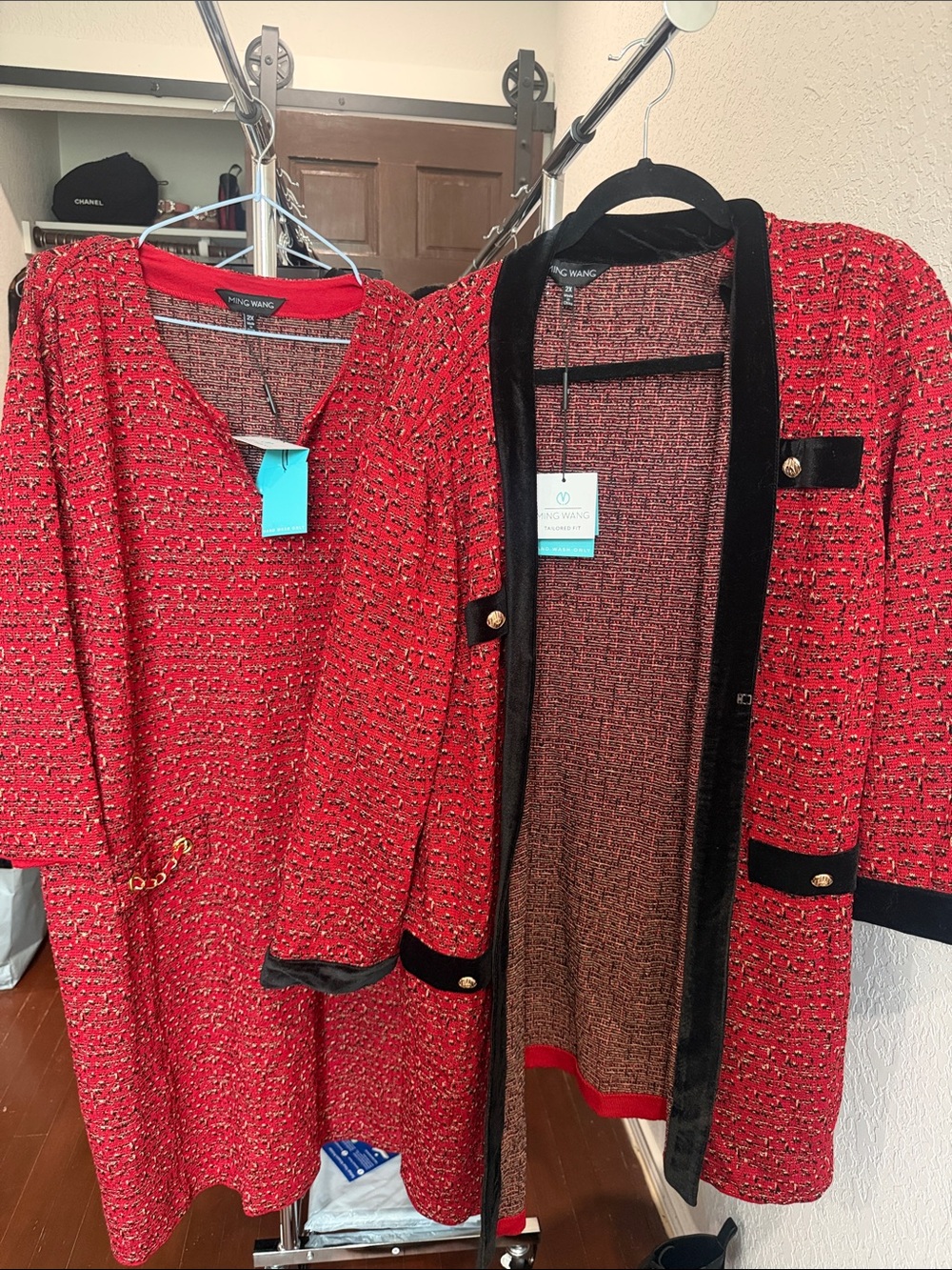 Ming Wang Red Tweed Dress and Black-Trim Jacket Set
